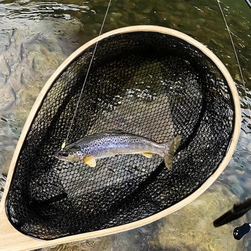 Fly Fishing Nets for Trout - Fishing Landing Net,Soft Rubber Catch and Release Fish Net with Wooden Handle Frame,Gifts for Anglers and Fly Fishing Enthusiasts,Dark Web