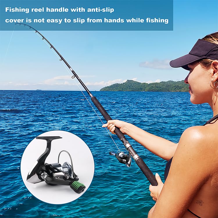 Fishing Reel Replacement Handle with Knob Covers, Spinning Casting Baitcaster Reel Grip Parts Universal Rocker Arm Non-Slip Rubber Sleeve - color: Black Handles & Fish-shaped Knob Covers