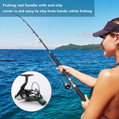 Fishing Reel Replacement Handle with Knob Covers, Spinning Casting Baitcaster Reel Grip Parts Universal Rocker Arm Non-Slip Rubber Sleeve - color: Black Handles & Fish-shaped Knob Covers