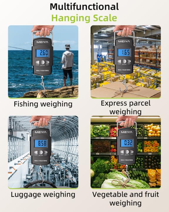 MEIYA Fish Scale 110lb/50kg Digital Fishing Scale with Backlit LCD, Portable Handle, Stainless Steel Hook, Built-in Tape Measure & 2 AAA Batteries, Reliable Fishing Gear & Great Fishing Gifts for Men
