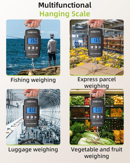 MEIYA Fish Scale 110lb/50kg Digital Fishing Scale with Backlit LCD, Portable Handle, Stainless Steel Hook, Built-in Tape Measure & 2 AAA Batteries, Reliable Fishing Gear & Great Fishing Gifts for Men
