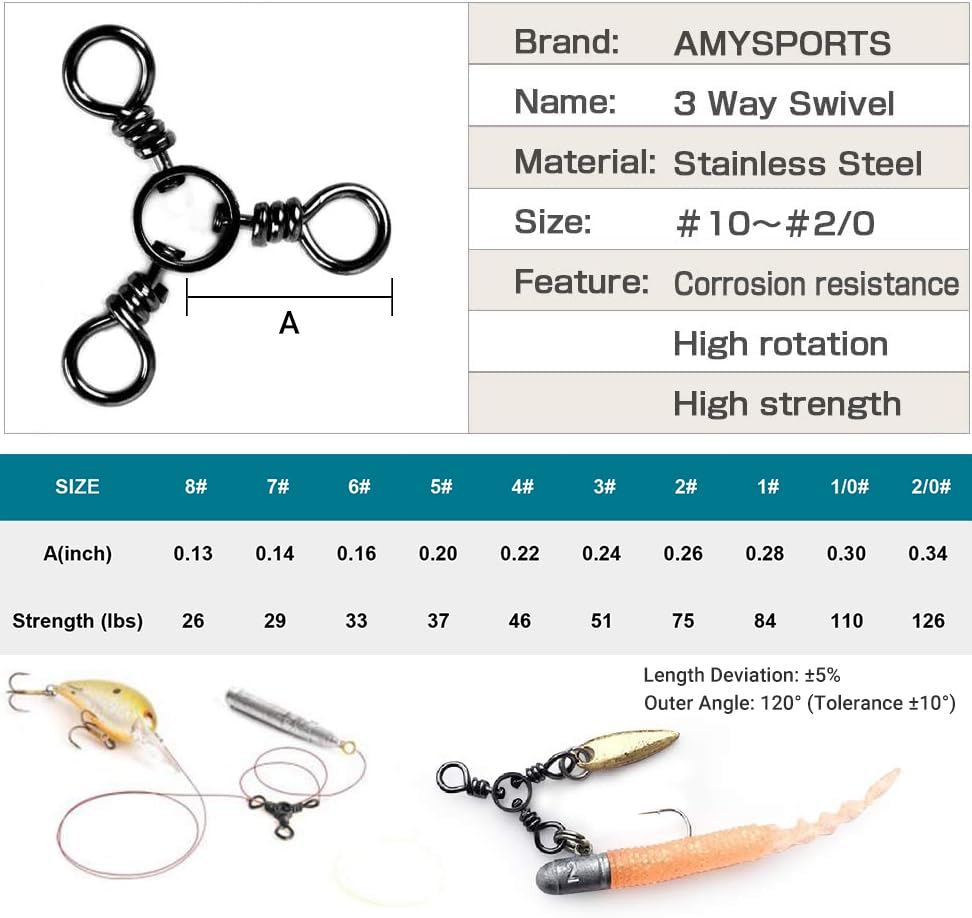 AMYSPORTS Fishing Connector Fish Swivels Tackle 3 Way Fishing Swivel Saltwater Freshwater Fishing Tackle Accessories Crossline Trolling Line Lure Connector - size: Size1 (84lb) 50 pcs