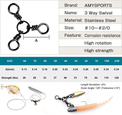 AMYSPORTS Fishing Connector Fish Swivels Tackle 3 Way Fishing Swivel Saltwater Freshwater Fishing Tackle Accessories Crossline Trolling Line Lure Connector - size: Size5 (37lb) 50 pcs