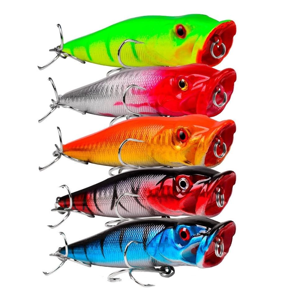 5pcs 9cm 3D Eyes Hard Baits Floating Topwater Popper Lures with Treble Hooks, Mixed Colors, ABS & High Carbon Steel, Targeting Pike, Bass, Salmon
