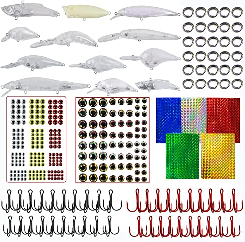 Unpainted Fishing Lures Making Kit DIY Blank Lures Crankbaits Minnow Jerkbait Hard Bait Set with Treble Hooks, Split Rings, Lure Eyes, Lure Stickers Lure Making Supplies Make Your Own Fishing Lures - style: 342pcs Lure Making Kit