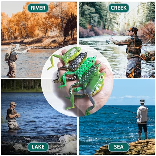 Topwater Frog Lures – 5 Pack Hollow Body Weedless Bass Bait with Heavy-Duty Hooks for Lily Pads, Heavy Cover, Pike & Snakehead – Tackle Box Included