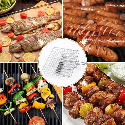 Portable Grill Basket, EISINLY BBQ Grilling Basket for Outdoor Grill with Removable Handle, Stainless Steel Camping Cooking Grill Accessories for Chicken Fish Vegetable