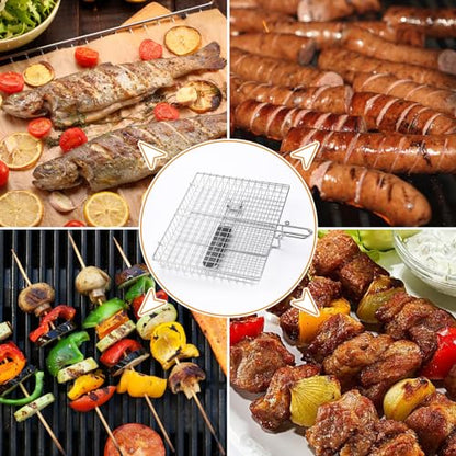 Portable Grill Basket, EISINLY BBQ Grilling Basket for Outdoor Grill with Removable Handle, Stainless Steel Camping Cooking Grill Accessories for Chicken Fish Vegetable