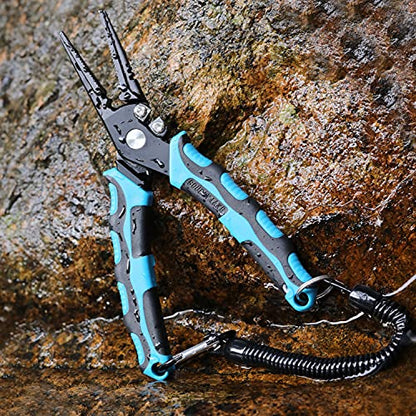 Sougayilang Fishing Pliers,Sheath and Lanyard Tungsten Carbide Cutters,420 Stainless Steel Fishing Tools,Saltwater Resistant Fishing Gear with Rubber Handle-7.5'' Straight Nose - Blue - color: 7.5'' Straight Nose-blue
