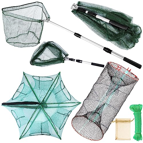 Windyun 3 Pcs Foldable Fishing Net Landing Net with Telescoping Pole Handle Collapsible Crab Trap Hexagon Fishing Bait Trap with Rope and Lure Bag for Crab Crayfish Shrimp - color: Army Green