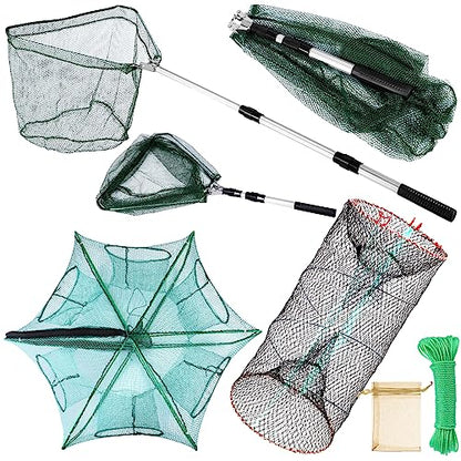 Windyun 3 Pcs Foldable Fishing Net Landing Net with Telescoping Pole Handle Collapsible Crab Trap Hexagon Fishing Bait Trap with Rope and Lure Bag for Crab Crayfish Shrimp - color: Army Green