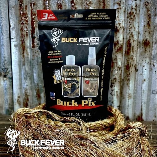 Buck Fever Buck Pix 2,3,4-Piece kit - Synthetic Deer Scent (4 oz Branch Action & 4 oz Dirt Fusion) for Whitetail & Mule - Non-Spoiling Deer Attractant for Outdoor Trail Camera - size: 3 - Piece Combo