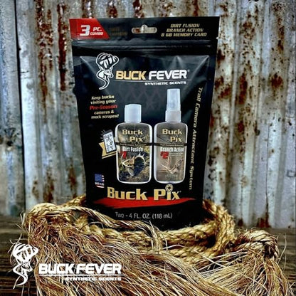 Buck Fever Buck Pix 2,3,4-Piece kit - Synthetic Deer Scent (4 oz Branch Action & 4 oz Dirt Fusion) for Whitetail & Mule - Non-Spoiling Deer Attractant for Outdoor Trail Camera - size: 3 - Piece Combo
