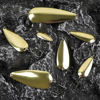 Fishing Spoons Metal Fishing Lures Kit, 5pcs Gold Metal Jigging Trout Lures Casting Trolling Spoon with with Treble Hooks for Trout Bass Pike Walleye Crappie Bass Salmon - size: 1/4oz