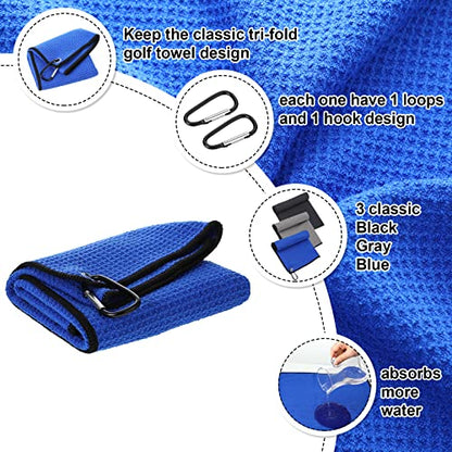 Batiyeer 12 Pcs Golf Towel Bulk for Golf Bags Microfiber Fabric Towel with Clip Waffle Pattern, Fitness, Camping, Hiking, Yoga - color: Black, Gray, Blue