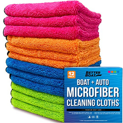 Better Boat 12 Pack Microfiber Cloth Kit, Lint-Free Cleaning Towels for Cars, Boats, and Home, Thick Large Microfiber Cleaning Cloths, Bulk Set