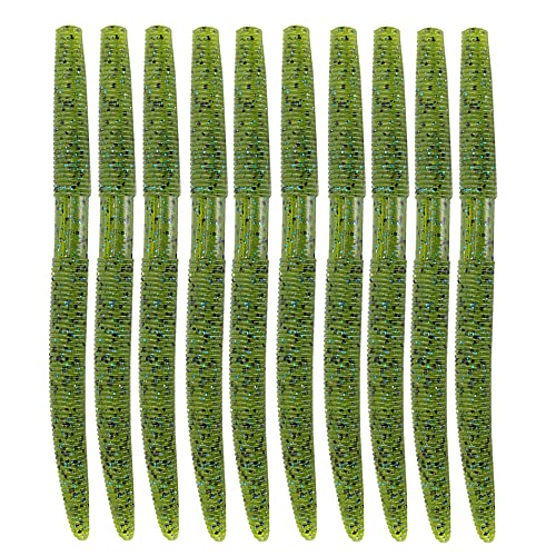Soft Plastic Bass Fishing Lure 5.3" Senko Style Worms-Salt Impregnation, Ribbed Design Slow Sinking Swimbaits - color: 01-Watermelon geen