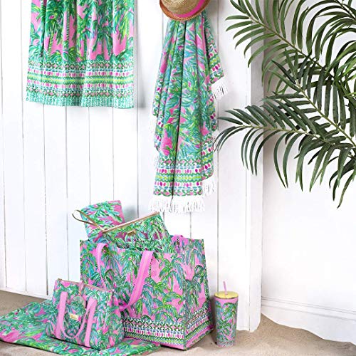 Lilly Pulitzer Water Resistant Vinyl Beach Day Pouch, Zipper Bag Includes Drink Hugger, Small Pouch, and Towel Clips - color: Suite Views