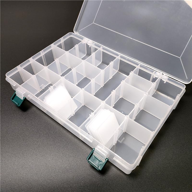 KALAVARMA 36 Grids Clear Plastic Bead Organizer Box, Fishing Tackle Box Compartment Organizer with Adjustable Dividers for Jewelry, Art Craft, Bead Storage Containers with 5 Sheets Label Stickers