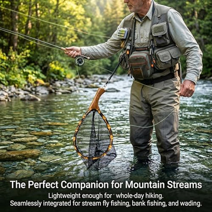 Floating Handcrafted Bamboo Fly Fishing Landing Net, Solid Wood Handle, Soft Rubber Coated Mesh for Trout, Kayak & Stream Fishing, Includes Magnetic Release & Safety Lanyard - size: Middle, style: Curved Handlebar