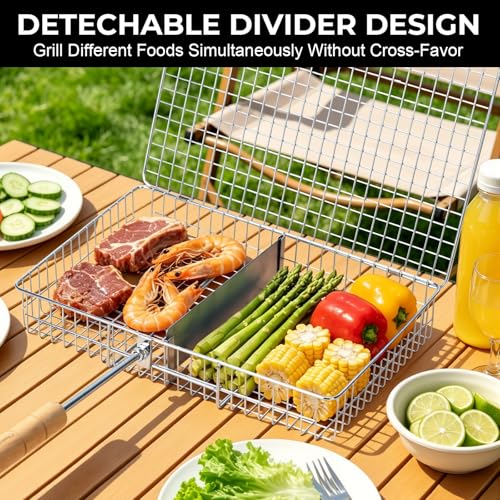 Grill Baskets for Outdoor Grill,Removable Wooden Handle and Divider Panel,BBQ Accessories for Grilling Fish,Veggies,Shrimp,Meat,Premium 304 Stainless Steel,Grilling Tools for Outdoor Cooking & Picnics,Gifts for Father’s Day,Birthday,Festival,Anniversary