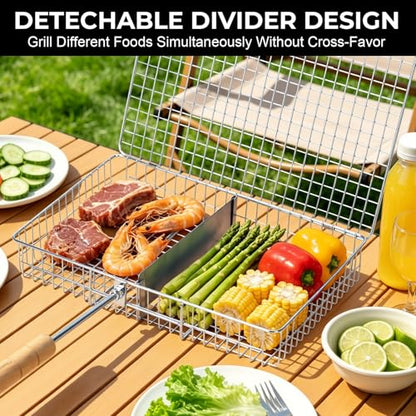 Grill Baskets for Outdoor Grill,Removable Wooden Handle and Divider Panel,BBQ Accessories for Grilling Fish,Veggies,Shrimp,Meat,Premium 304 Stainless Steel,Grilling Tools for Outdoor Cooking & Picnics,Gifts for Father’s Day,Birthday,Festival,Anniversary