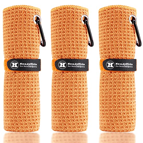 Handy Picks Microfiber Golf Towel (16" X 16") with Carabiner Clip, Waffle Pattern Golf Towel Hook and Loop Fastener - The Convenient Golf Cleaning Towel - color: Orange