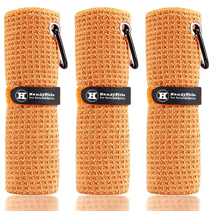 Handy Picks Microfiber Golf Towel (16" X 16") with Carabiner Clip, Waffle Pattern Golf Towel Hook and Loop Fastener - The Convenient Golf Cleaning Towel - color: Orange