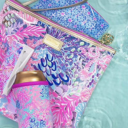 Lilly Pulitzer Water Resistant Vinyl Beach Day Pouch, Zipper Bag Includes Drink Hugger, Small Pouch, and Towel Clips - color: Splendor in the Sand