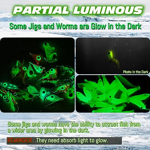 150/160/170Pcs Ice Fishing Jigs Lures Soft Plastic Worm Baits Kit, Micro Glow Winter Jig Heads Hooks for Walleye Crappie Panfish Trout, Ice Fishing Gear Equipment Tackle Accessories