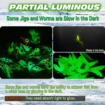 150/160/170Pcs Ice Fishing Jigs Lures Soft Plastic Worm Baits Kit, Micro Glow Winter Jig Heads Hooks for Walleye Crappie Panfish Trout, Ice Fishing Gear Equipment Tackle Accessories