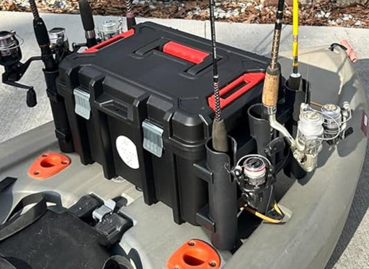 Kayak Fishing Crate - 6 Integrated Rod Pole Holders, Tackle Box Accessory Storage Area and Tray with Lockable Lid - No Assembly Required!