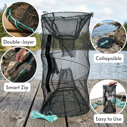 ZENFUN 2 Pcs Fishing Bait Trap, Crab Traps Minnow Traps, Crawfish Trap, Collapsible Net, Foldable Fishing Net Portable Folded Fishing Accessories