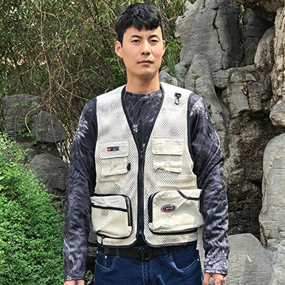 Foldable Outdoor Fishing Camping Travel Mesh Vest, Multi-Pockets Photography Lightweight Vests - color: Beige, size: Large