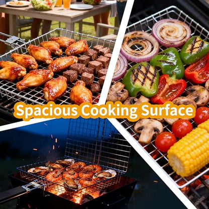 Square BBQ Fish Basket for Grilling suitable for camping | Portable stainless steel grill basket easy to clean, with a locking mechanism, and a heat-resistant wooden handle.