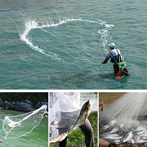 Yeahmart American Saltwater Fishing Cast Net for Bait Trap Fish 3ft/4ft/5ft/6ft/7ft/8ft/9ft/10ft Radius Casting Nets with Heavy Duty Real Zinc Sinker Weights, 3/8inch Mesh Size - style: 4ft Radius