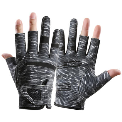Camo Fishing Gloves Men Women UV-Protection, Anti-Slip Wear-Resistant Elastic Quick-Drying Breathable Sunblock Gloves 3-Finger-Open Lightweight for Boating, Kayaking, Hunting - size: Large