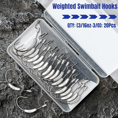 20Pcs Weighted Bass Fishing Hooks Set, Customized Swimbait Hooks Wide Gap Weedless Worm Fish Hook with Molded Bait Keeper 1/0 2/0 3/0 4/0 - size: 3/16oz-3/0