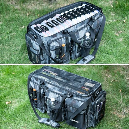 Goture Large Tackle Bag,Water Resistant Saltwater Gear Storage Big Fishing Bag with EVA Bottom,Store Up to 12PCS 3700 Plus 5PCS 3600 Tackle Trays(Not Included),Gifts for Men(26.38"x15.35"x11.42") - color: A2 Camo 2 XXL Without Trays