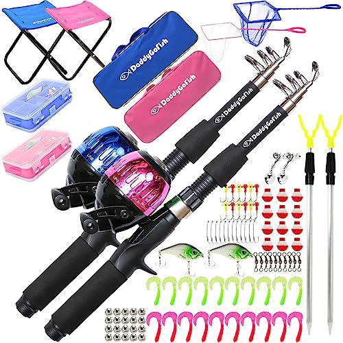 DaddyGoFish Kids Fishing Pole - Rod Reel Combo Tackle Box Starter Set - First Year Small Dock Gear Kit for Boys Girls Toddler Youth Age Beginner Little Children Junior Anglers Older Kids - color: 2 Pack- Blue + Pink