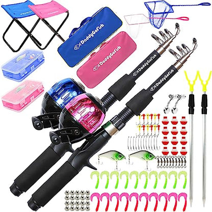 DaddyGoFish Kids Fishing Pole - Rod Reel Combo Tackle Box Starter Set - First Year Small Dock Gear Kit for Boys Girls Toddler Youth Age Beginner Little Children Junior Anglers Older Kids - color: 2 Pack- Blue + Pink