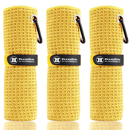 Handy Picks Microfiber Golf Towel (16" X 16") with Carabiner Clip, Waffle Pattern Golf Towel Hook and Loop Fastener - The Convenient Golf Cleaning Towel - color: Yellow