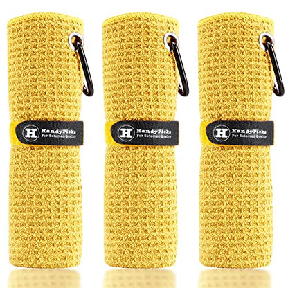 Handy Picks Microfiber Golf Towel (16" X 16") with Carabiner Clip, Waffle Pattern Golf Towel Hook and Loop Fastener - The Convenient Golf Cleaning Towel - color: Yellow