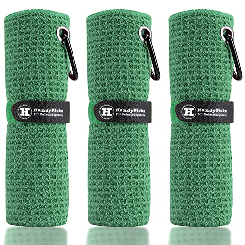 Handy Picks Microfiber Golf Towel (16" X 16") with Carabiner Clip, Waffle Pattern Golf Towel Hook and Loop Fastener - The Convenient Golf Cleaning Towel - color: Dark Green