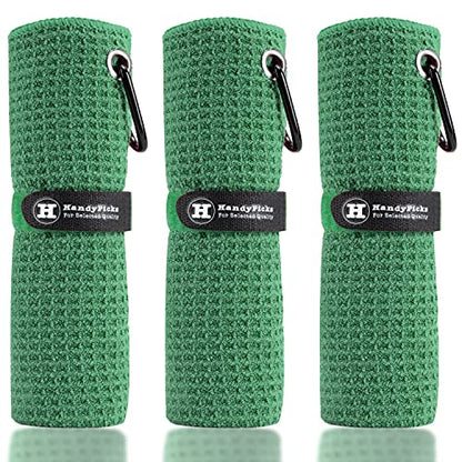 Handy Picks Microfiber Golf Towel (16" X 16") with Carabiner Clip, Waffle Pattern Golf Towel Hook and Loop Fastener - The Convenient Golf Cleaning Towel - color: Dark Green