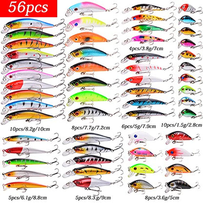 Aorace Fishing Lures Kit Mixed Including Minnow Popper Crank Baits with Hooks for Saltwater Freshwater Trout Bass Salmon Fishing - color: Item-E 56pcs