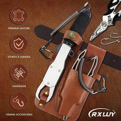 Fishing Pliers Holster with Retractable Lanyard, Universal Fit for Most Sea Fishing & Wild River Lure Tongs Leather Accessories - color: Dark Brown