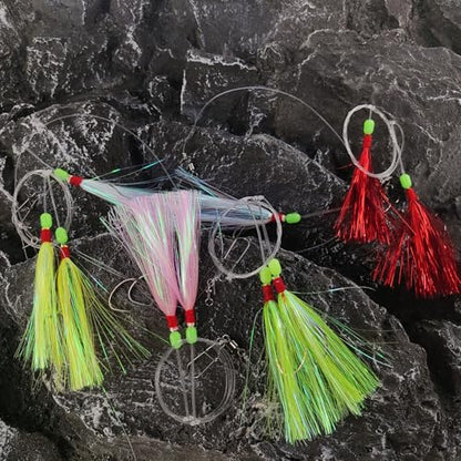 Eupheng Fluke Flounder Hi-Lo Rig, 3/0 5/0 5PCS Saltwater Fishing Bait Rigs with Mylar Teaser for Surf Ocean Fishing Sea Bass Halibut Rockfish Cod - size: Circle Hook-#3/0-5PCS