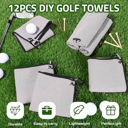 Batiyeer 12 Pcs Golf Towel Bulk for Golf Bags Microfiber Fabric Towel with Clip Waffle Pattern, Fitness, Camping, Hiking, Yoga - color: Light Grey