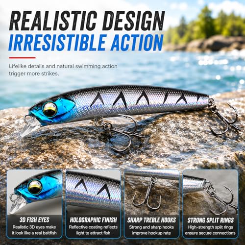 5PCS Sinking Jerkbait Fishing Lures, Long Casting Minnow Hard Baits with Realistic Swimming Action, Freshwater Fishing Lure Set for Bass, Trout, Walleye and Pike - size: 4.12"